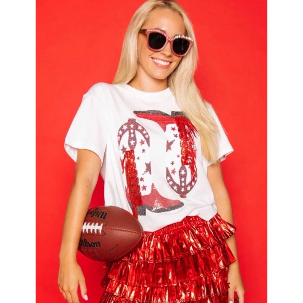 Queen of Sparkles Fringe Sequin Boot Short Sleeve Tee White